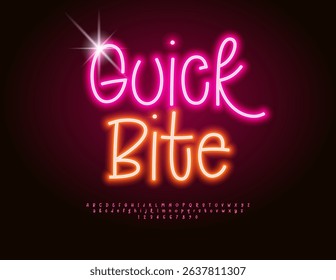 Vector Glowing banner Quick Bite. Led Light Font. Bright Neon Alphabet Letters and Numbers set.