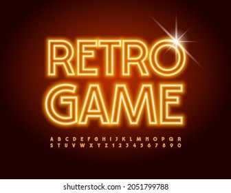 Vector glowing Banner Retro Game. Modern Bright Font. Neon Alphabet Letter and Numbers