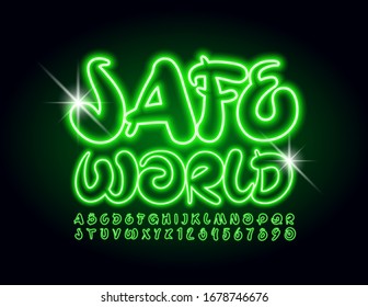 Vector glowing banner Safe World with creative green Font. Trendy Neon Alphabet Letters and Numbers
