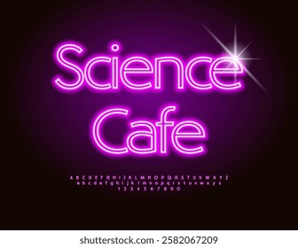 Vector Glowing banner Science Cafe. Violet Neon Font. Illuminated Alphabet Letters and Numbers set.