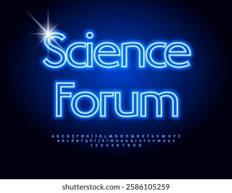 Vector Glowing banner Science Forum. Fashion Blue Font. Neon Alphabet Letters and Numbers.