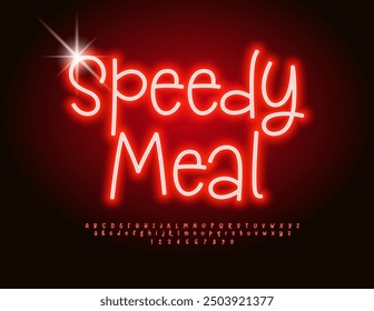Vector glowing banner Speedy Meal. Red Neon Font. Funny Alphabet Letters and Numbers set.