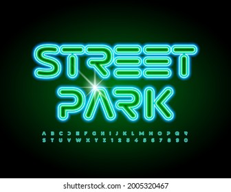 Vector glowing banner Street Park with Neon abstract Alphabet Letters and Numbers set. Electric light Font