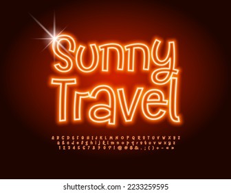 Vector glowing banner Sunny Travel. Playful handwritten Font. Bright Neon Alphabet Letters, Numbers nd Symbols set