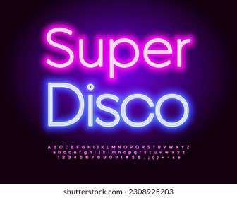Vektorstrahler Banner Super Disco. Purple Neon Font. Moderne Alphabet-Buchstaben und -Zahlen