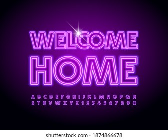 Vector Glowing Banner Welcome Home. Purple Neon Font. Electric Alphabet Letters And Numbers Set