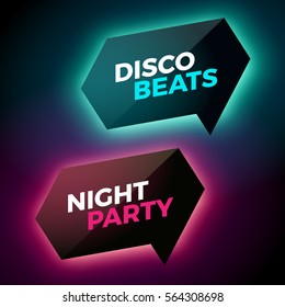 Vector glowing banners on dark background. glass material style. Realistic light effect. Template for advertisement or web design.