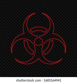 Vector glowing biohazard sign. Red neon symbol of biological hazards on dark background. Poster of danger biohazard sign with light effects. EPS 10 file.