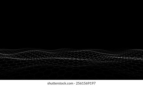 Vector glowing black hexagon wave with motion dots and lines. Abstract digital background. Concept connection big data. Futuristic technology backdrop. 3D rendering.