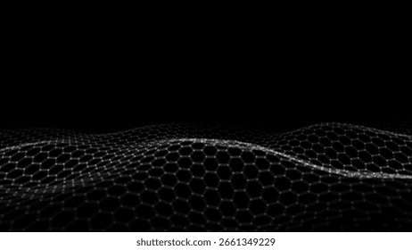 Vector glowing black hexagon wave with motion dots and lines. Abstract digital background. Concept connection big data. Futuristic technology backdrop. 3D rendering.