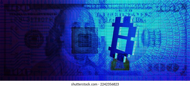 Vector glowing blue 3d bitcoin digital symbol with numbers on the background of a pixelated 100 US dollar banknote. Financial and economic banner.