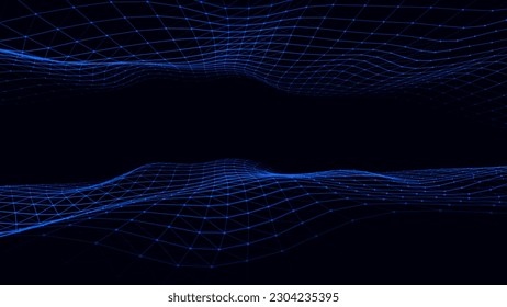 Vector glowing blue double wave with motion dots and lines. Abstract digital background. Concept connection big data. Futuristic technology backdrop.