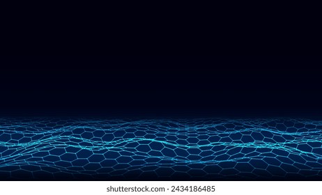 Vector glowing blue hexagon wave with motion dots and lines. Abstract digital background. Concept connection big data. Futuristic technology backdrop. 3D rendering.