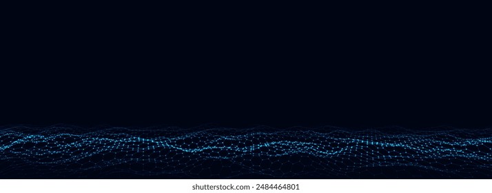 Vector glowing blue hexagon wave with motion dots and lines. Abstract digital background. Concept connection big data. Futuristic technology backdrop. 3D rendering.