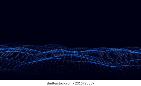 Vector glowing blue wave with motion dots. Abstract digital background. Concept connection big data. Futuristic technology backdrop.