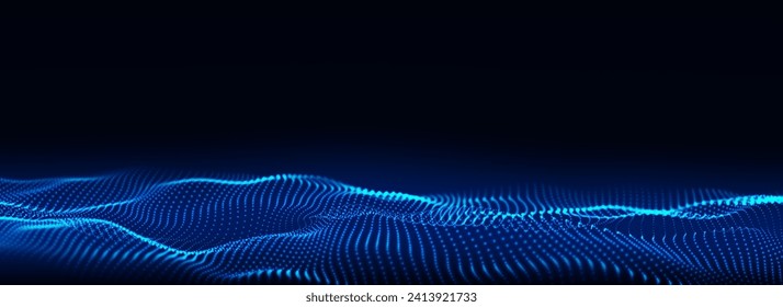 Vector glowing blue wave with motion dots. Abstract digital background. Concept connection big data. Futuristic technology backdrop.