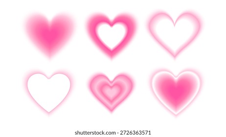 Vetor brilhando corações embaçados. Coração de namorados com efeito bokeh e aura rosa. Ilustrações de gradiente para design