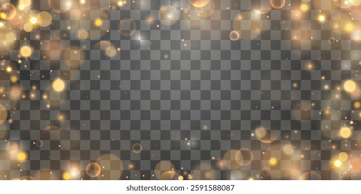 Vector glowing bokeh light effect isolated on png. Soft blured bokeh and lights. Festive golden luminous background. Vector festive glitter texture overlay isolated on transparent background