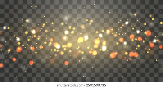 Vector glowing bokeh light effect isolated on png. Soft blured bokeh and lights. Festive golden luminous background. Vector festive glitter texture overlay isolated on transparent background