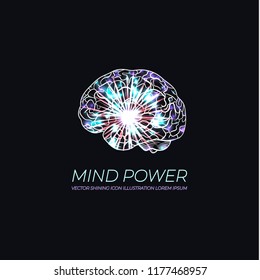 Vector Glowing Brain Illustration, Neon Logo, Scientific Image of Human Brain, Artificial Intellegence Concept.