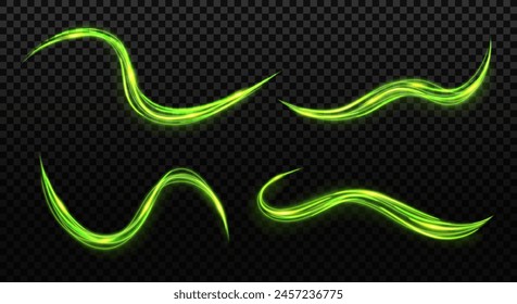 Vector glowing bright green neon speed lines. Abstract motion lines, green wind. Light shining transparent effect.