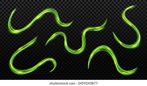 Vector líneas de velocidad de neón verde brillante brillante. Líneas de cámara Abstractas, viento verde. Efecto transparente brillante claro.