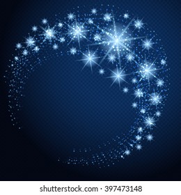 Vector glowing circle with sparkles and lights. Blue stars on dark background
