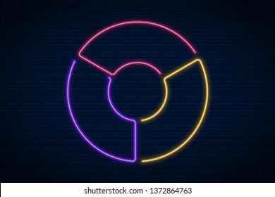 Vector glowing circular neon frame with 3 sections on dark brick wall background.