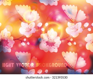 Vector glowing colorful background with sparkles and butterflies on flowering branches