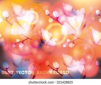 Vector glowing colorful background with sparkles and butterflies on flowering branches