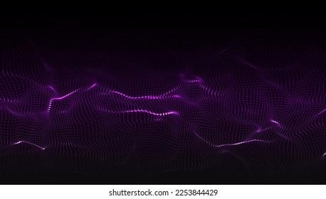 Vector glowing colorful wave with motion dots and top view. Abstract digital background. Concept connection big data. Futuristic technology backdrop.