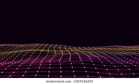 Vector glowing colorful wave with motion dots. Abstract digital background. Concept connection big data. Futuristic technology backdrop.