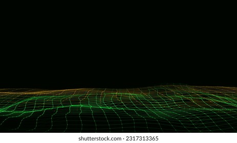 Vector glowing colors double wave with motion dots and lines. Abstract digital background. Concept connection big data. Futuristic technology backdrop.