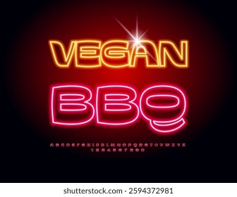 Vector Glowing concept Vegan BBQ. Artistic Neon Font. Elegant set of Electric Alphabet Letters and Numbers