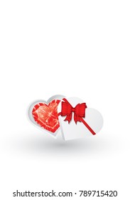 Vector, glowing diamond heart in cardboard paper box template with red ribbon isolated on white background. Valentine's day theme, Love iconic, Ideas for gift, art, design, decoration, EPS10.