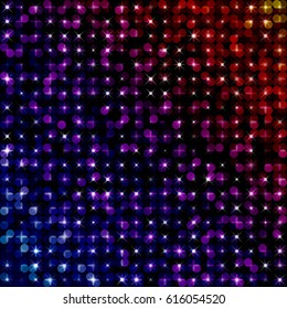 Vector glowing disco background. Mosaic with sparks and glowing.