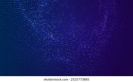 Vector puntos brillantes sobre un fondo azul oscuro con sentido de la profundidad. Túnel de onda 3D hecho por patrón de onda de medio tono.
