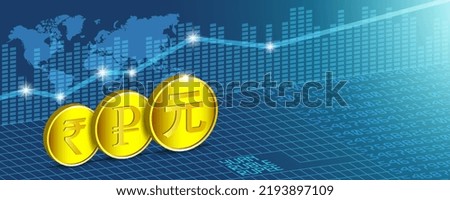 Vector glowing economic banner with 3d gold coins or tokens, chinese yuan, russian ruble and indian rupee on financial charts background