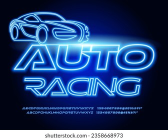 Vector glowing emblem Auto Racing with decorative Car. Blue Neon Font. Creative set of abstract style Alphabet Letters and Numbers