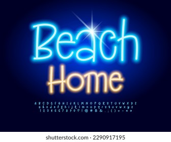 Casa de playa de Emblem con un vector brillante. Fuente azul neón. Conjunto de letras y números de alfabeto artístico