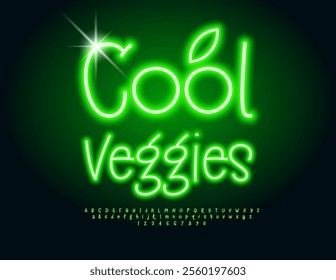 Vector Glowing emblem Cool Veggies. Green Neon Font. Funky Alphabet Letters and Numbers set