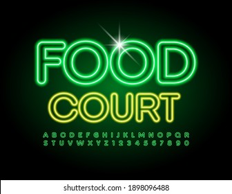 Vector glowing emblem Food Court. Green Neon Font. Electric light Alphabet Letters and Numbers set