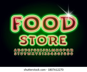 Vector glowing emblem Food Store. Neon Green and Red Font. Electric light Alphabet letters and Numbers