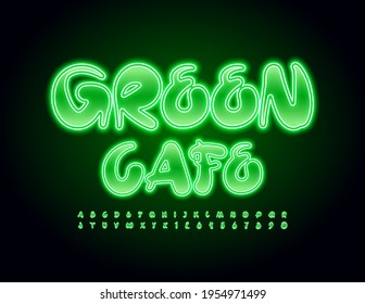 Vector glowing emblem Green Cafe. Artistic neon Font. Creative Alphabet Letters and Numbers set