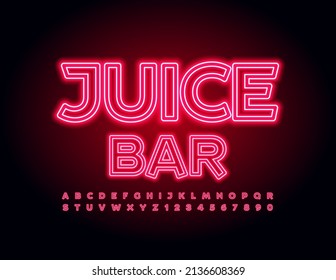 Vector glowing emblem Juice Bar. Red Neon Font. Creative electric Alphabet Letters and Numbers set	