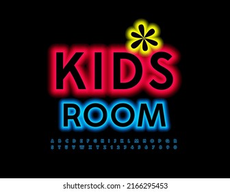 Vector glowing emblem Kids Room with Neon Alphabet Letters and Numbers set. Illuminated Blue Font