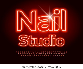 Vector glowing Emblem Nail Studio. Red Neon Font. Bright Electric Alphabet Letters and Numbers. 