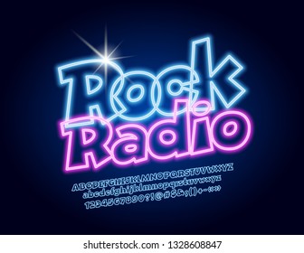 Vector Glowing Emblem Rock Radio With Neon Font. Blue Lighting Alphabet Letters, Numbers And Symbols