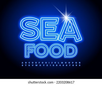 Vector glowing emblem Seafood for Cafe, Restaurant, Menu. Blue neon Font. Led illuminated Alphabet Letters and Numbers