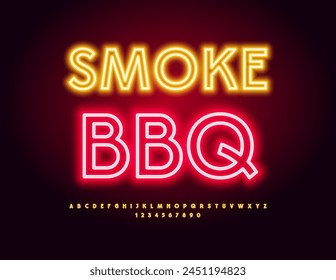 Vector glowing emblem Smoke BBQ. Yellow Neon Font. Light tube Alphabet Letters and Numbers set.